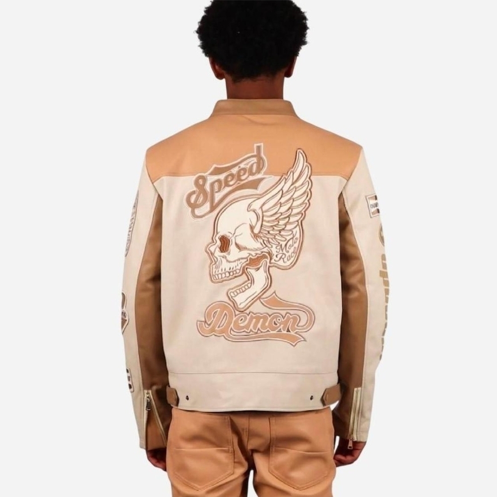 Majestic Moto Sports Torque Men’s Leather Jacket - Tan & Cream - Picture 2 of 8